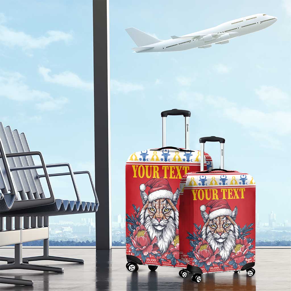 Personalized Romania Christmas Luggage Cover Eurasian Lynx With Peony Flowers - Wonder Print Shop