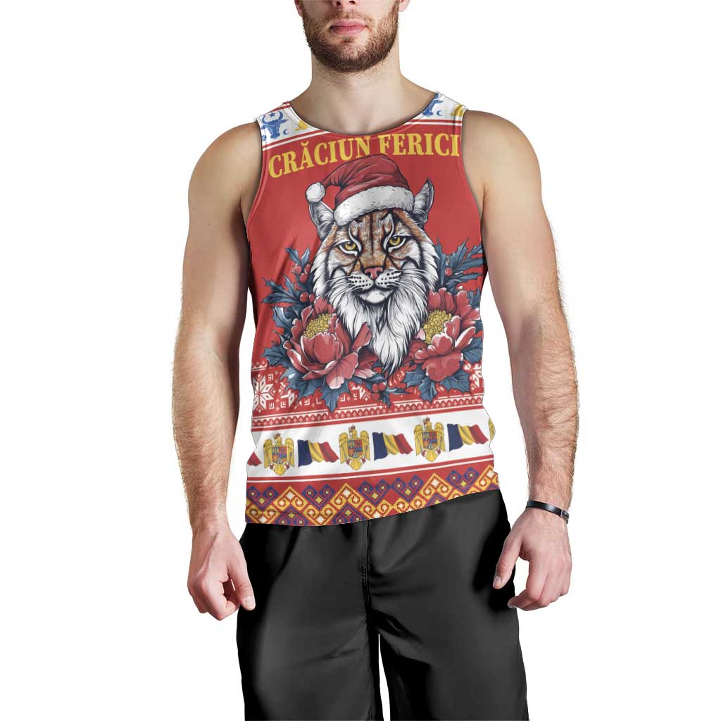 Personalized Romania Christmas Men Tank Top Eurasian Lynx With Peony Flowers - Wonder Print Shop