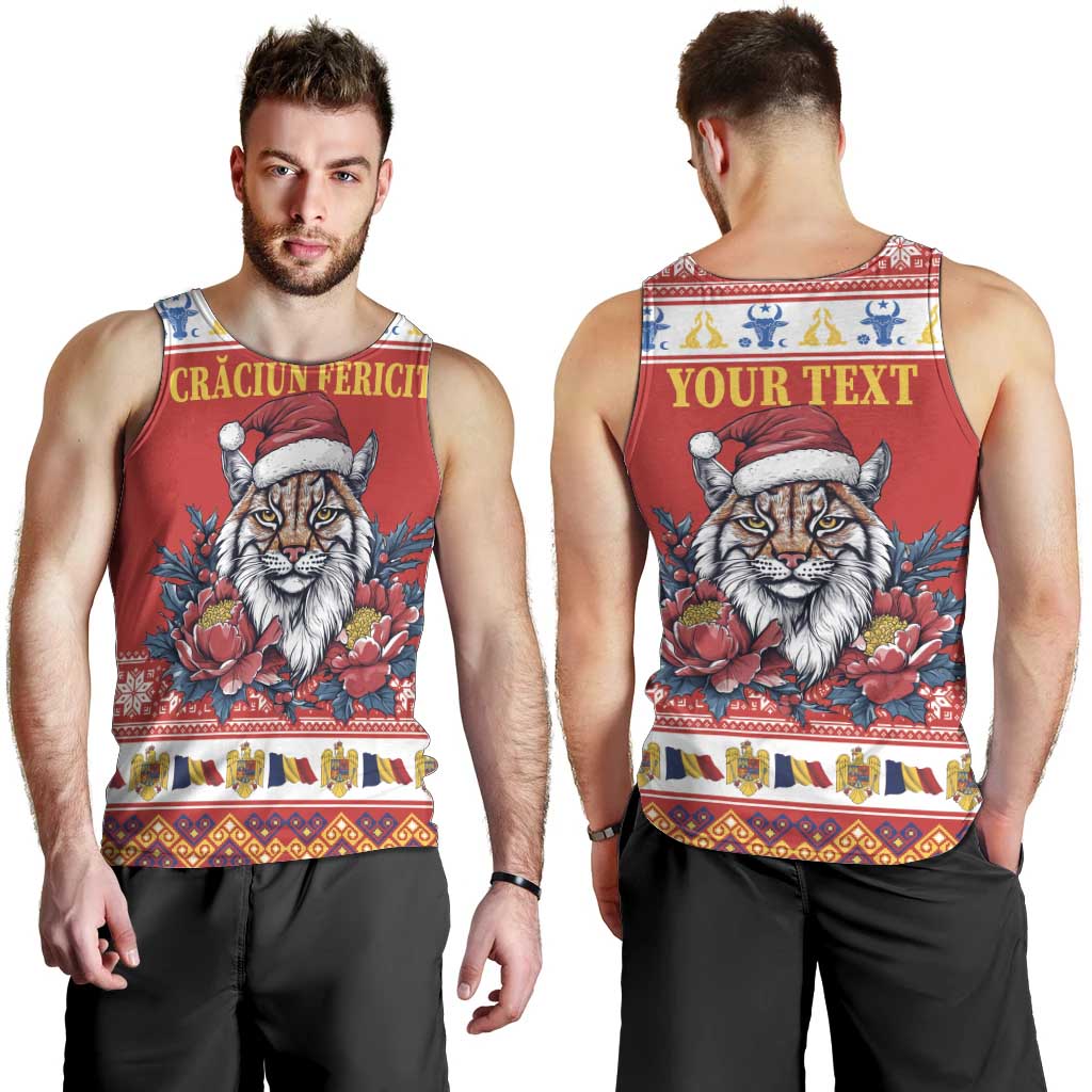 Personalized Romania Christmas Men Tank Top Eurasian Lynx With Peony Flowers - Wonder Print Shop