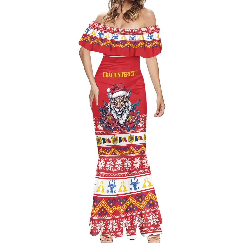 Personalized Romania Christmas Mermaid Dress Eurasian Lynx With Peony Flowers - Wonder Print Shop