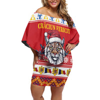 Personalized Romania Christmas Off Shoulder Short Dress Eurasian Lynx With Peony Flowers - Wonder Print Shop