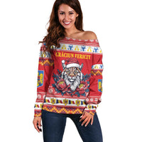 Personalized Romania Christmas Off Shoulder Sweater Eurasian Lynx With Peony Flowers - Wonder Print Shop