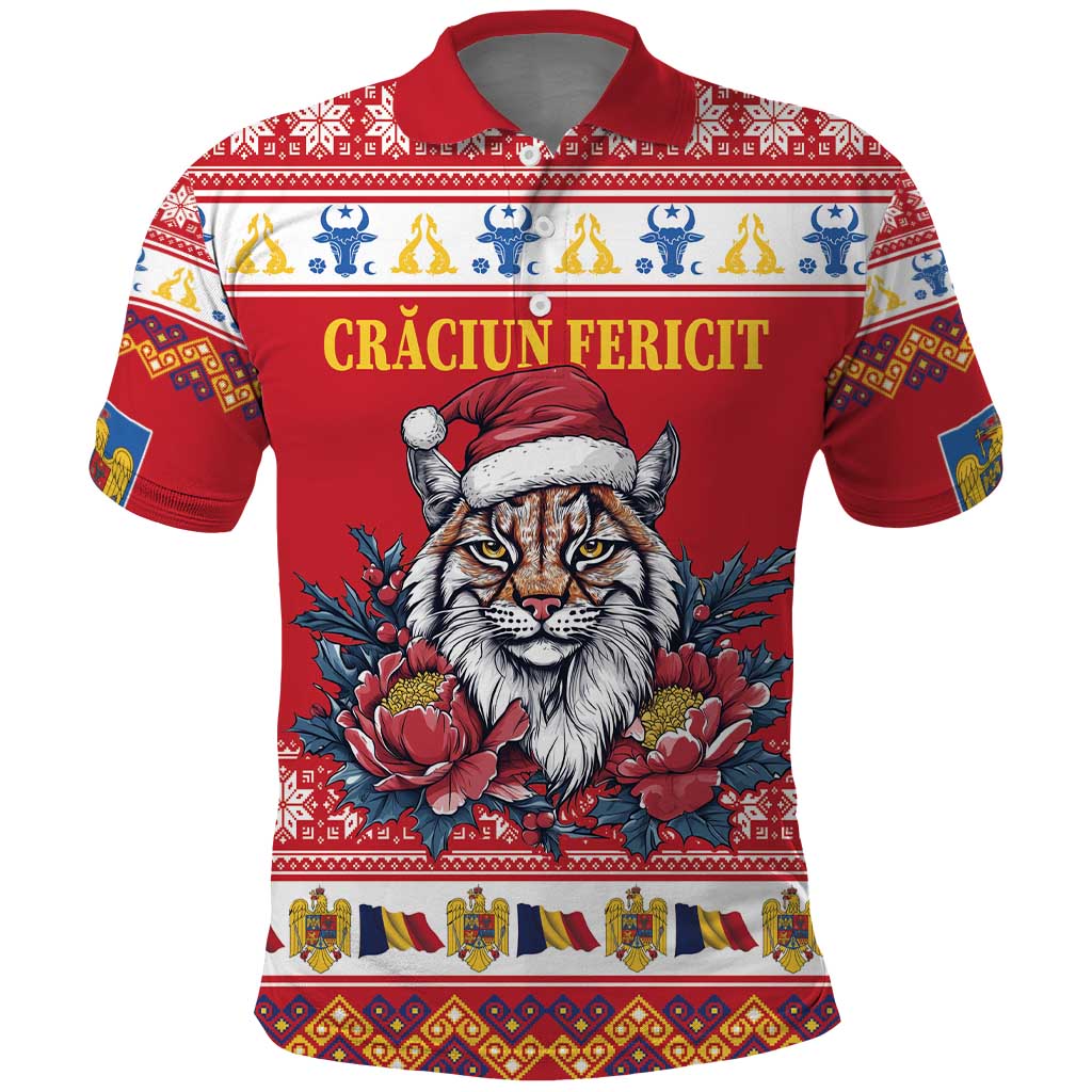 Personalized Romania Christmas Polo Shirt Eurasian Lynx With Peony Flowers - Wonder Print Shop