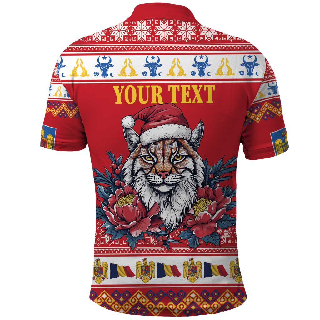 Personalized Romania Christmas Polo Shirt Eurasian Lynx With Peony Flowers - Wonder Print Shop