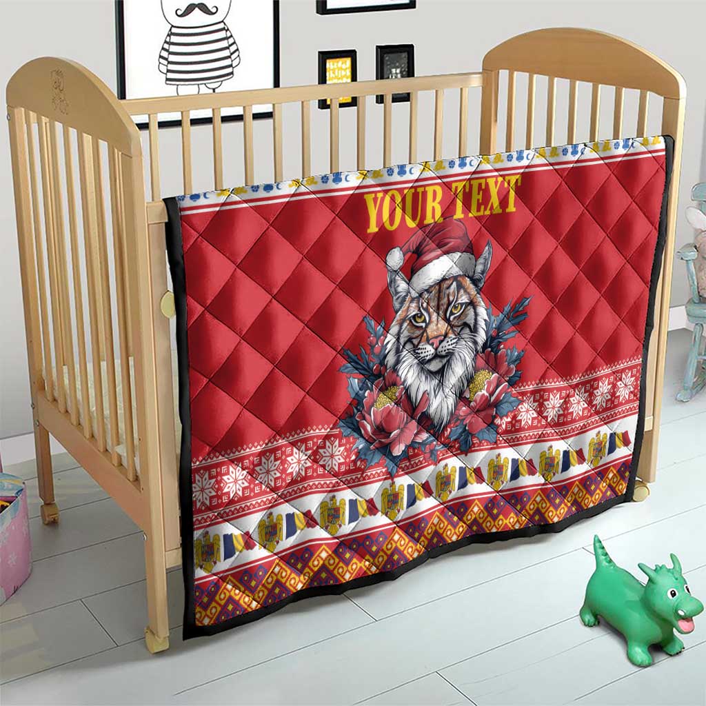 Personalized Romania Christmas Quilt Eurasian Lynx With Peony Flowers - Wonder Print Shop