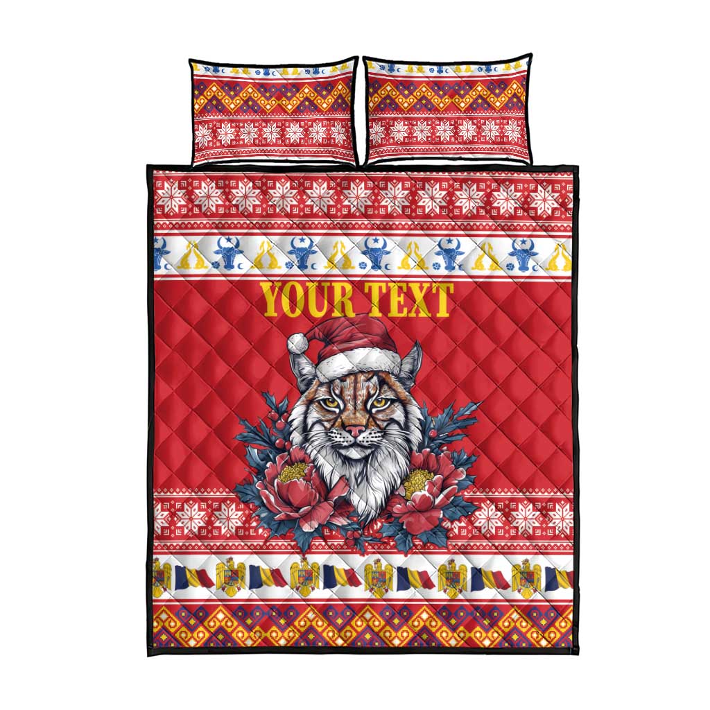 Personalized Romania Christmas Quilt Bed Set Eurasian Lynx With Peony Flowers - Wonder Print Shop