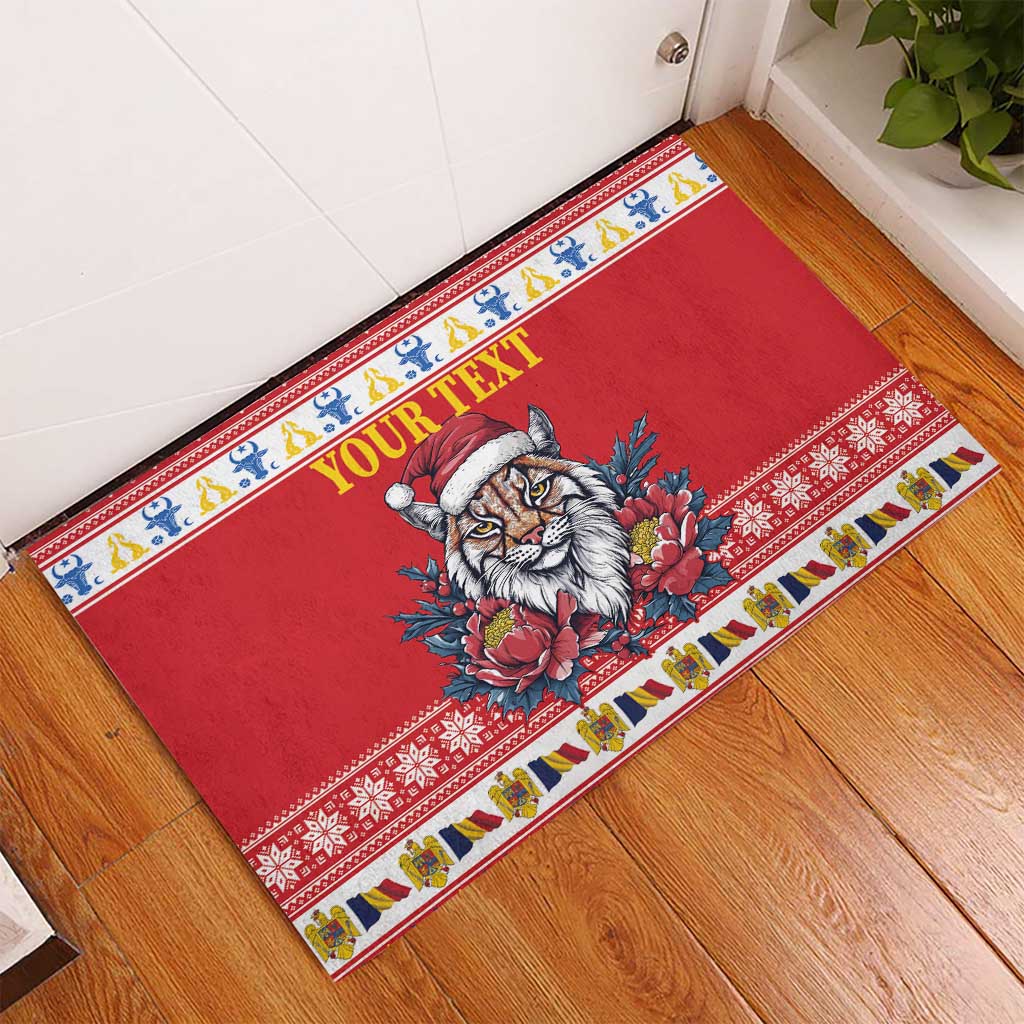 Personalized Romania Christmas Rubber Doormat Eurasian Lynx With Peony Flowers - Wonder Print Shop
