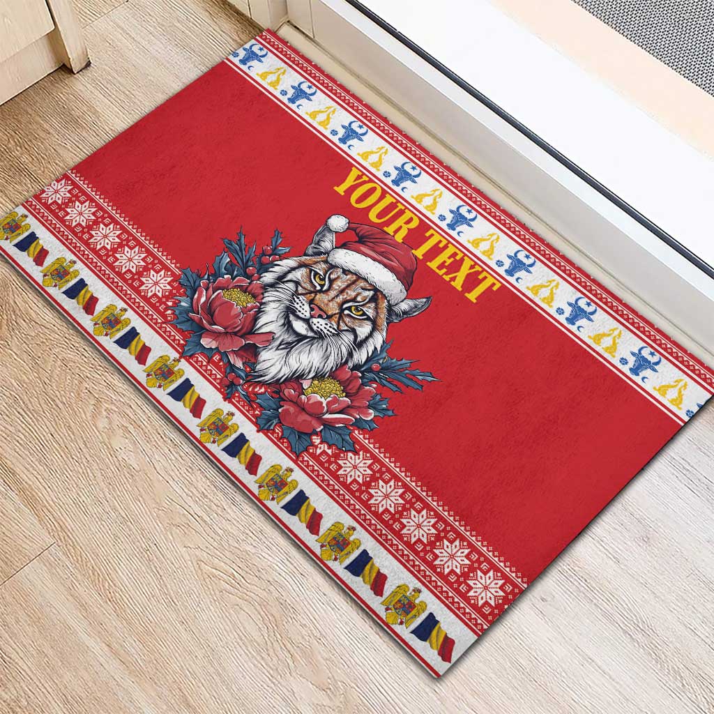 Personalized Romania Christmas Rubber Doormat Eurasian Lynx With Peony Flowers - Wonder Print Shop