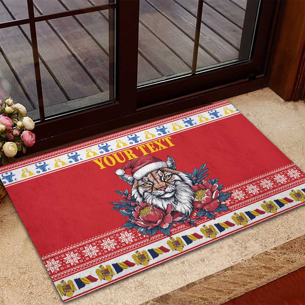 Personalized Romania Christmas Rubber Doormat Eurasian Lynx With Peony Flowers - Wonder Print Shop