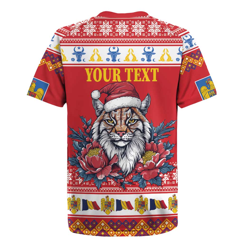 Personalized Romania Christmas Rugby Jersey Eurasian Lynx With Peony Flowers - Wonder Print Shop