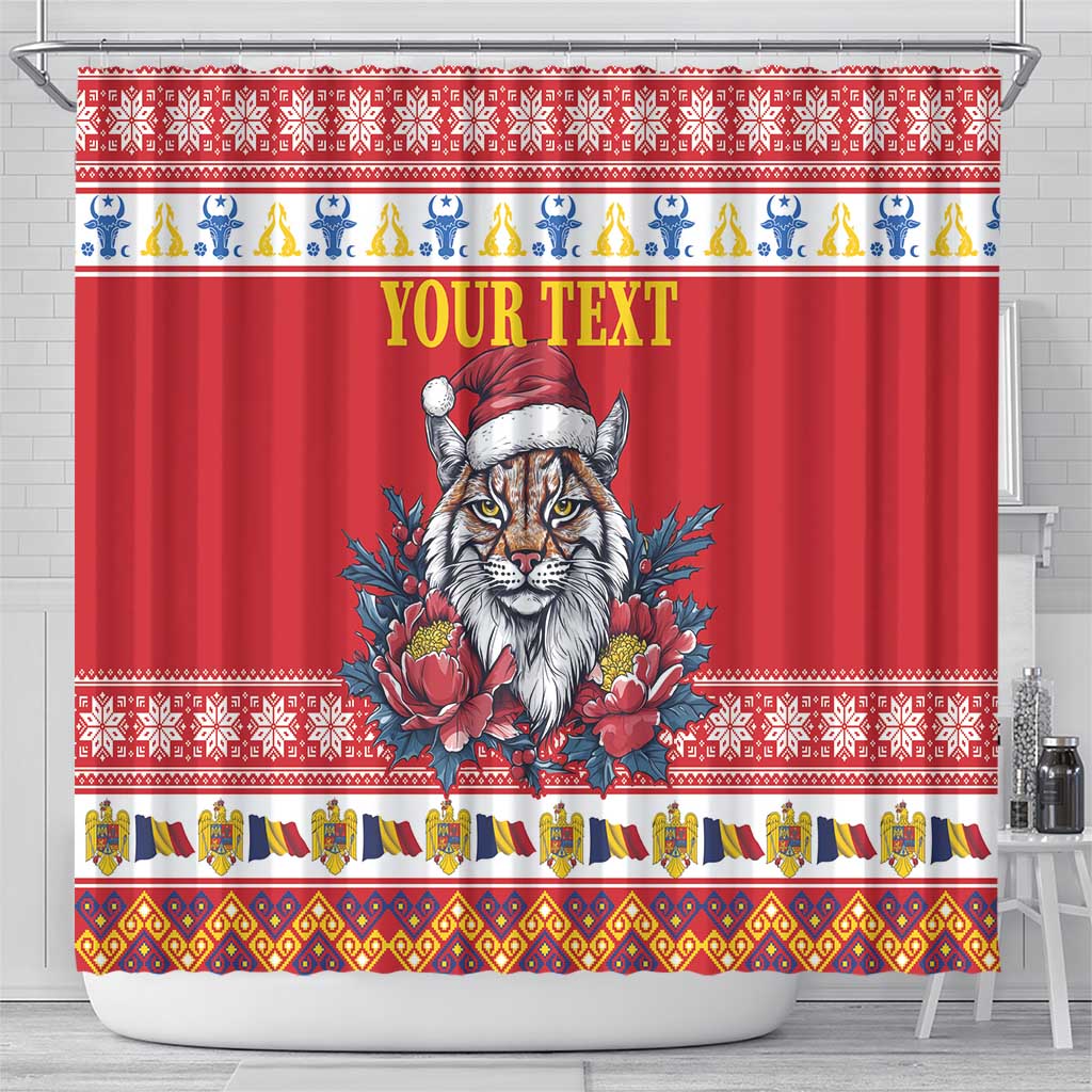 Personalized Romania Christmas Shower Curtain Eurasian Lynx With Peony Flowers