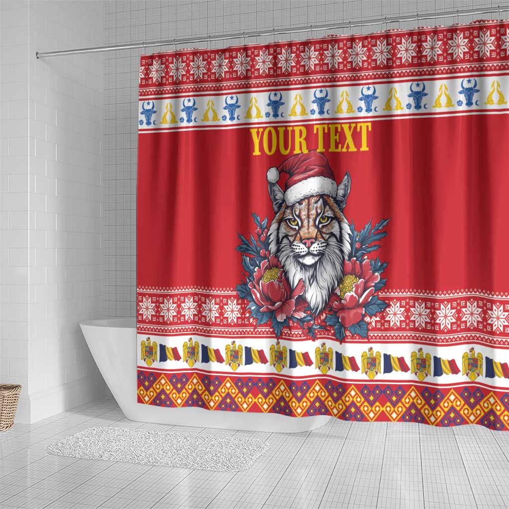 Personalized Romania Christmas Shower Curtain Eurasian Lynx With Peony Flowers