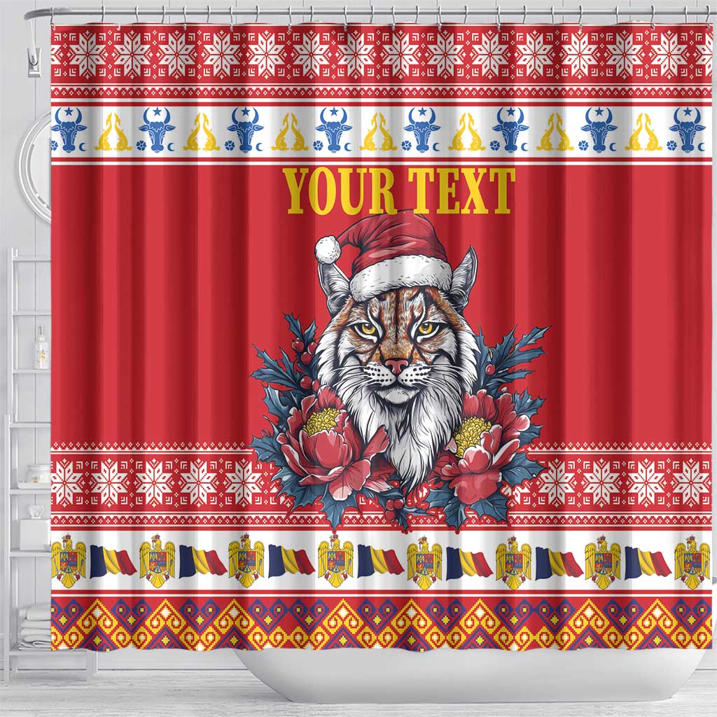 Personalized Romania Christmas Shower Curtain Eurasian Lynx With Peony Flowers