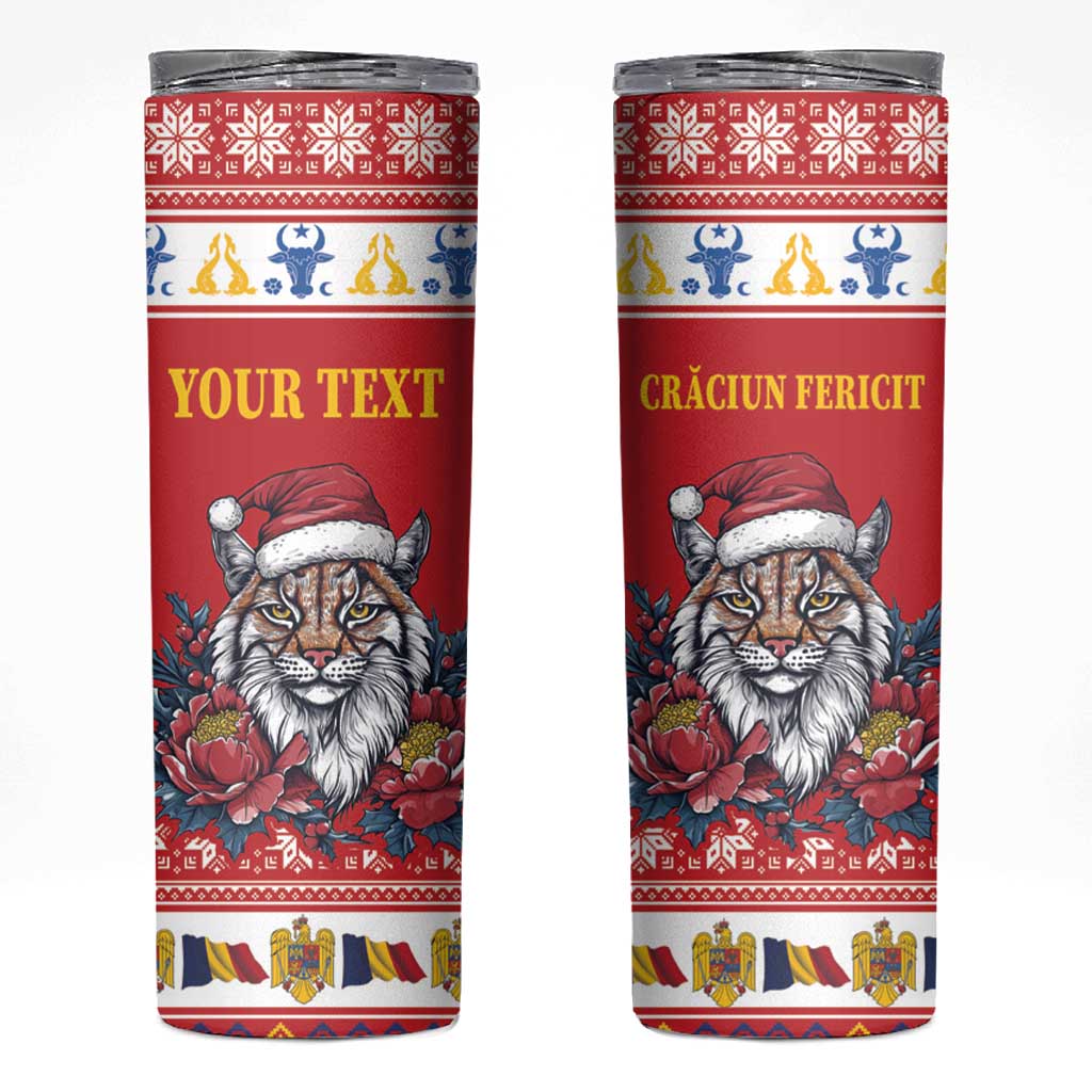 Personalized Romania Christmas Skinny Tumbler Eurasian Lynx With Peony Flowers - Wonder Print Shop