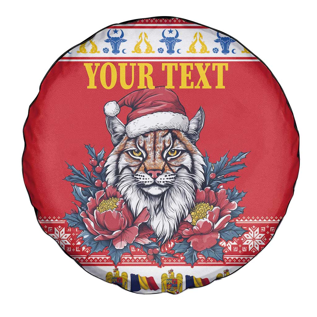 Personalized Romania Christmas Spare Tire Cover Eurasian Lynx With Peony Flowers - Wonder Print Shop
