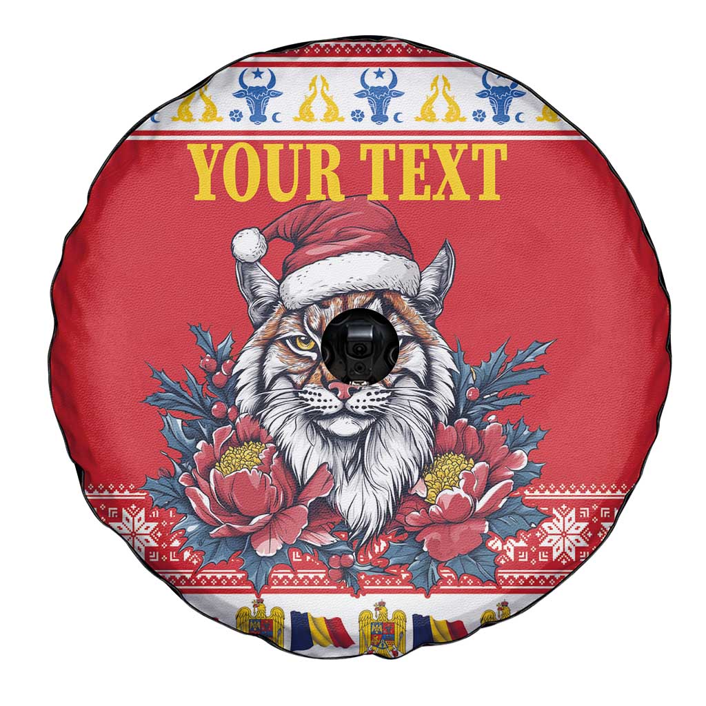 Personalized Romania Christmas Spare Tire Cover Eurasian Lynx With Peony Flowers - Wonder Print Shop