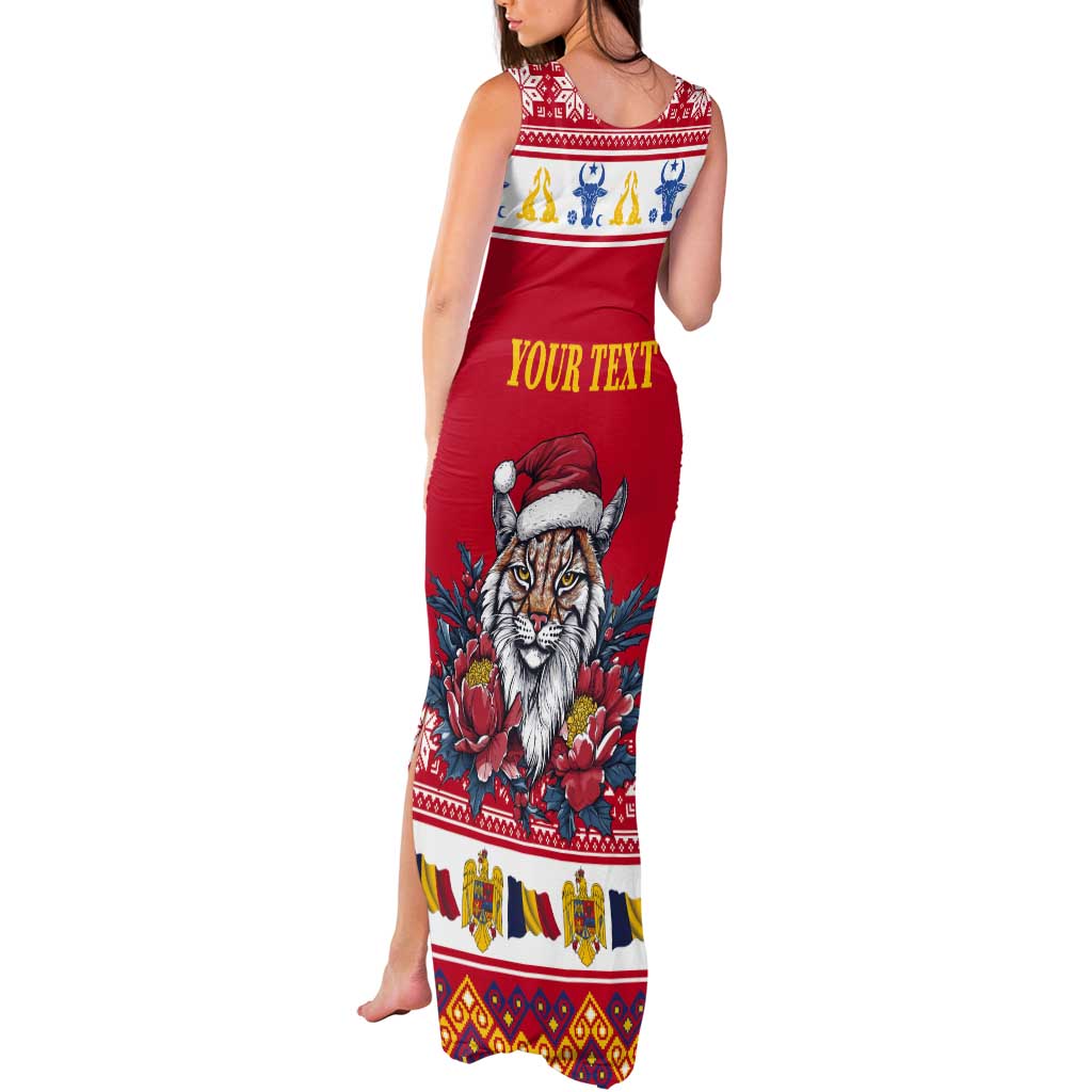 Personalized Romania Christmas Tank Maxi Dress Eurasian Lynx With Peony Flowers - Wonder Print Shop
