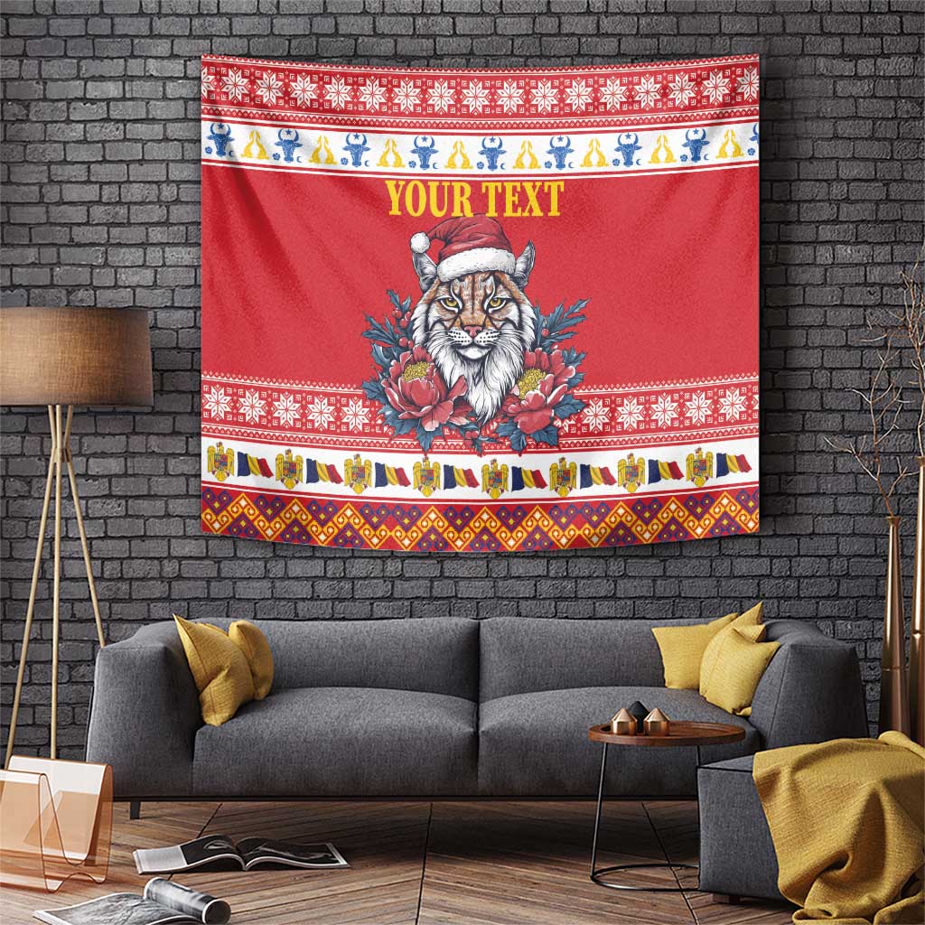 Personalized Romania Christmas Tapestry Eurasian Lynx With Peony Flowers - Wonder Print Shop