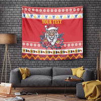 Personalized Romania Christmas Tapestry Eurasian Lynx With Peony Flowers - Wonder Print Shop