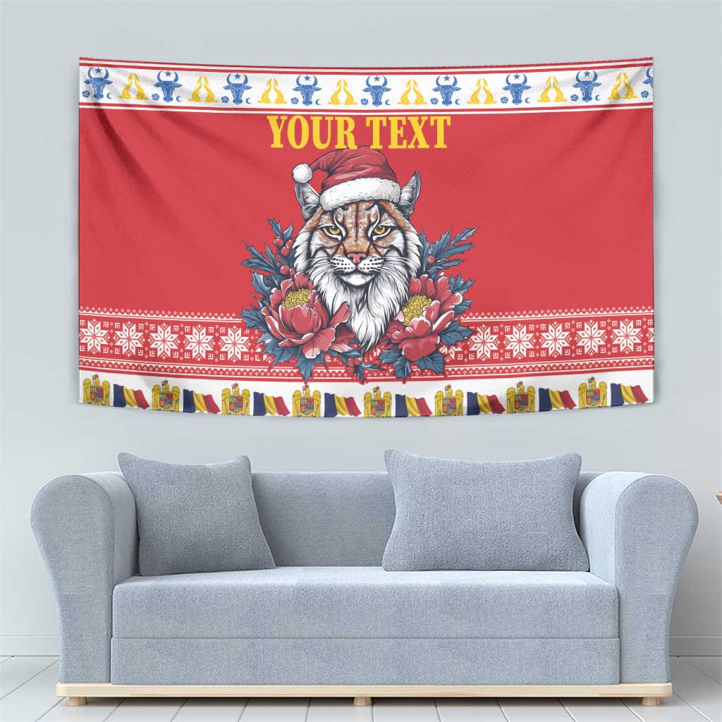Personalized Romania Christmas Tapestry Eurasian Lynx With Peony Flowers - Wonder Print Shop