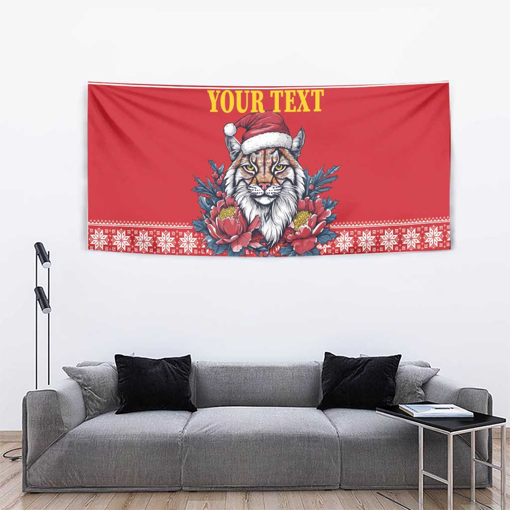 Personalized Romania Christmas Tapestry Eurasian Lynx With Peony Flowers - Wonder Print Shop