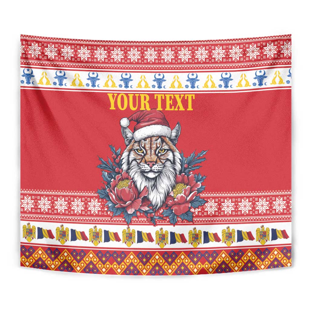 Personalized Romania Christmas Tapestry Eurasian Lynx With Peony Flowers - Wonder Print Shop