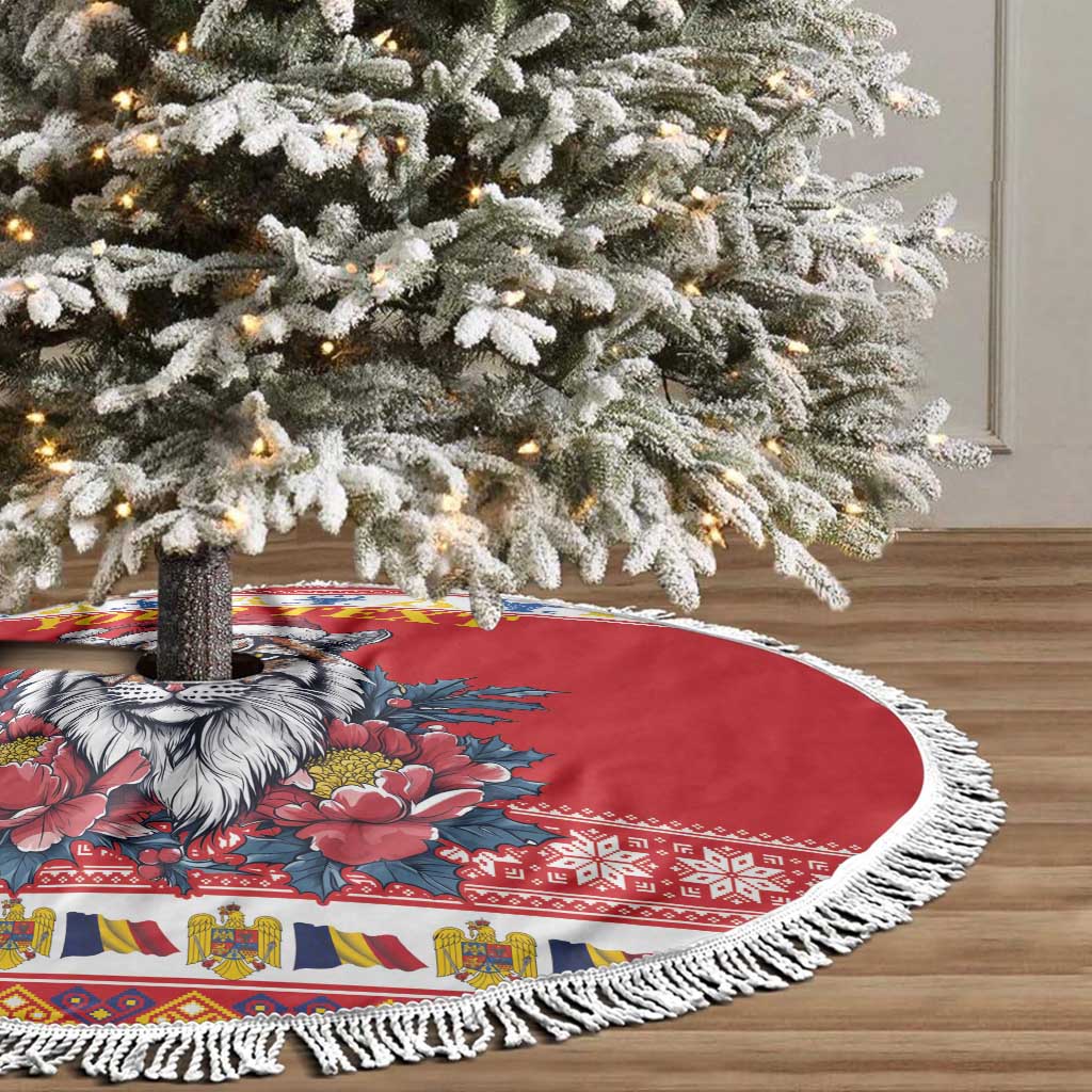 Personalized Romania Christmas Tree Skirt Eurasian Lynx With Peony Flowers - Wonder Print Shop
