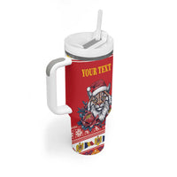 Personalized Romania Christmas Tumbler With Handle Eurasian Lynx With Peony Flowers - Wonder Print Shop