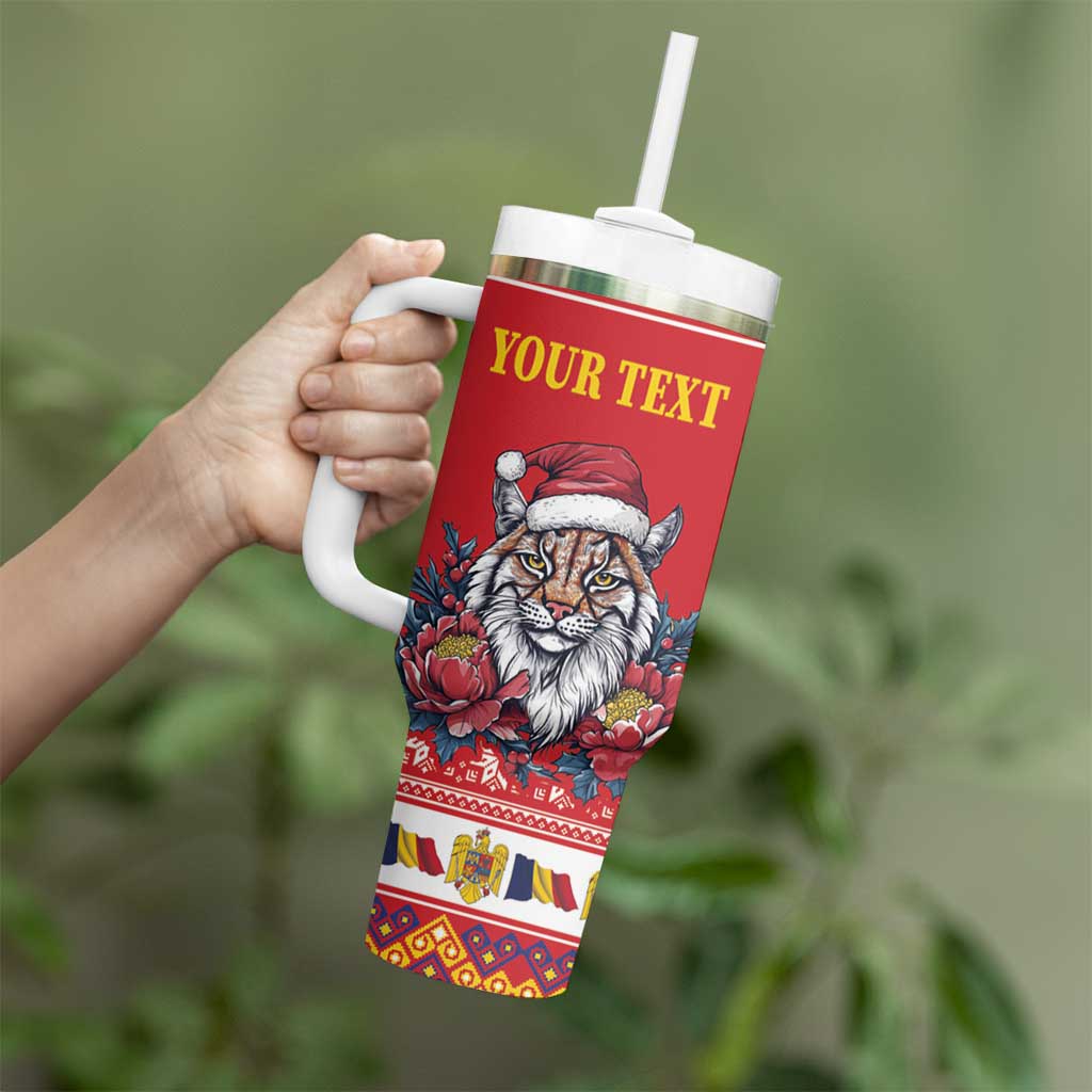 Personalized Romania Christmas Tumbler With Handle Eurasian Lynx With Peony Flowers - Wonder Print Shop