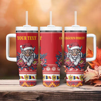 Personalized Romania Christmas Tumbler With Handle Eurasian Lynx With Peony Flowers - Wonder Print Shop