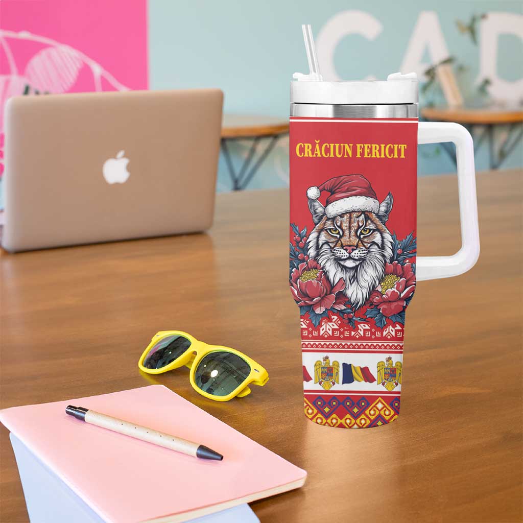 Personalized Romania Christmas Tumbler With Handle Eurasian Lynx With Peony Flowers - Wonder Print Shop