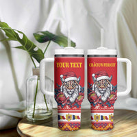 Personalized Romania Christmas Tumbler With Handle Eurasian Lynx With Peony Flowers - Wonder Print Shop