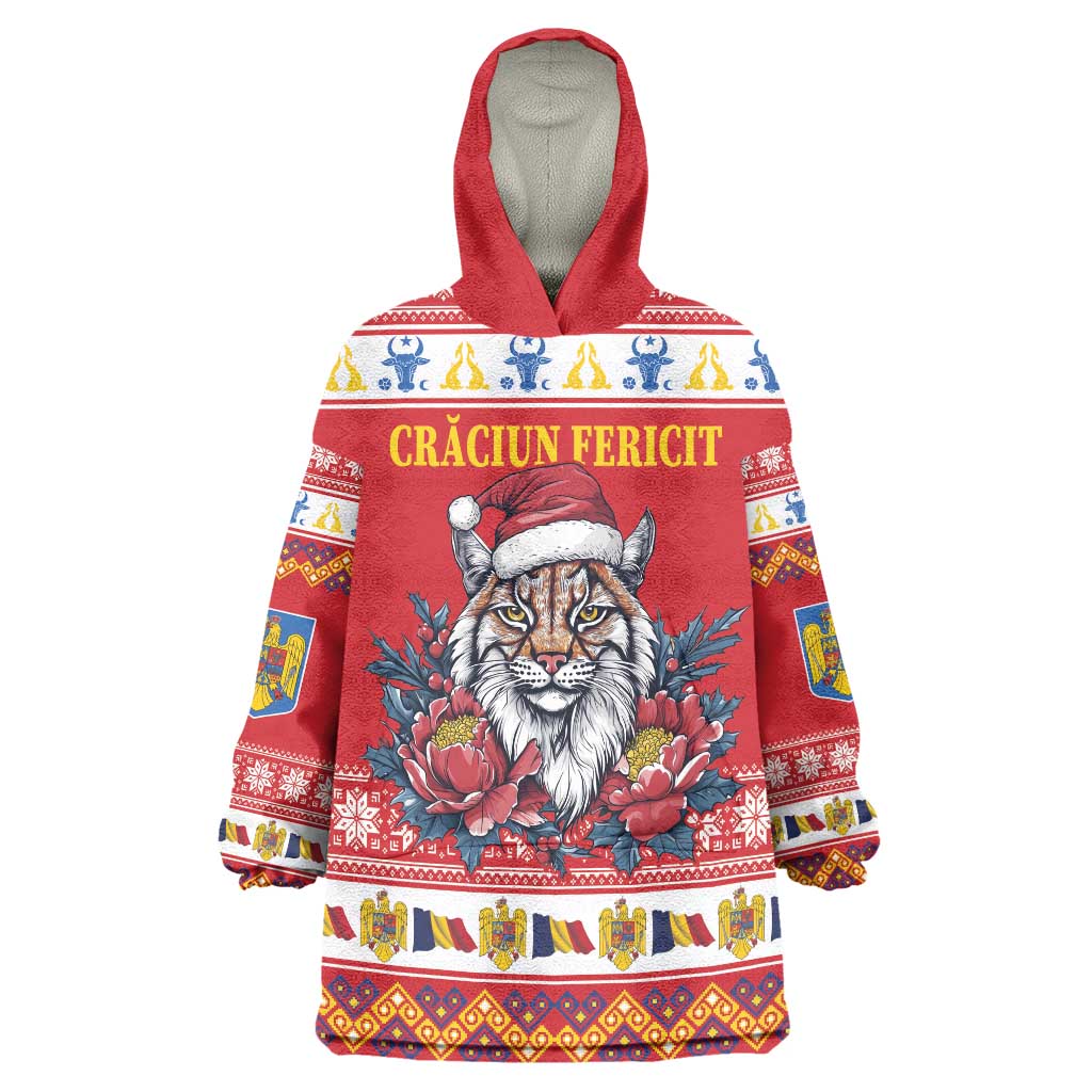 Personalized Romania Christmas Wearable Blanket Hoodie Eurasian Lynx With Peony Flowers - Wonder Print Shop