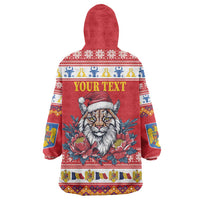 Personalized Romania Christmas Wearable Blanket Hoodie Eurasian Lynx With Peony Flowers - Wonder Print Shop