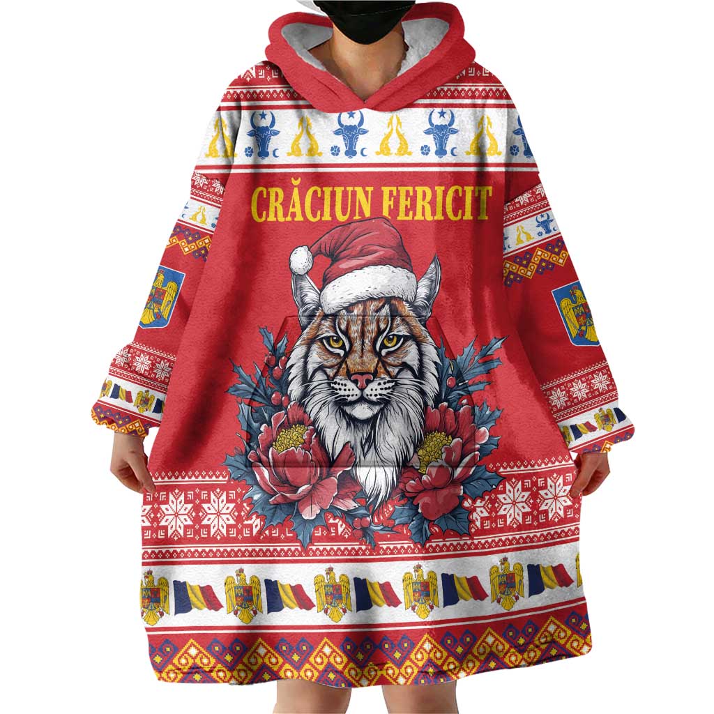 Personalized Romania Christmas Wearable Blanket Hoodie Eurasian Lynx With Peony Flowers - Wonder Print Shop