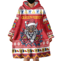 Personalized Romania Christmas Wearable Blanket Hoodie Eurasian Lynx With Peony Flowers - Wonder Print Shop