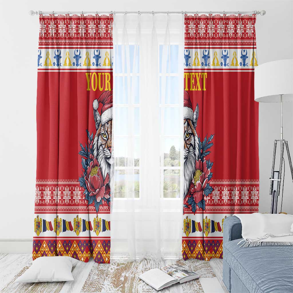Personalized Romania Christmas Window Curtain Eurasian Lynx With Peony Flowers - Wonder Print Shop