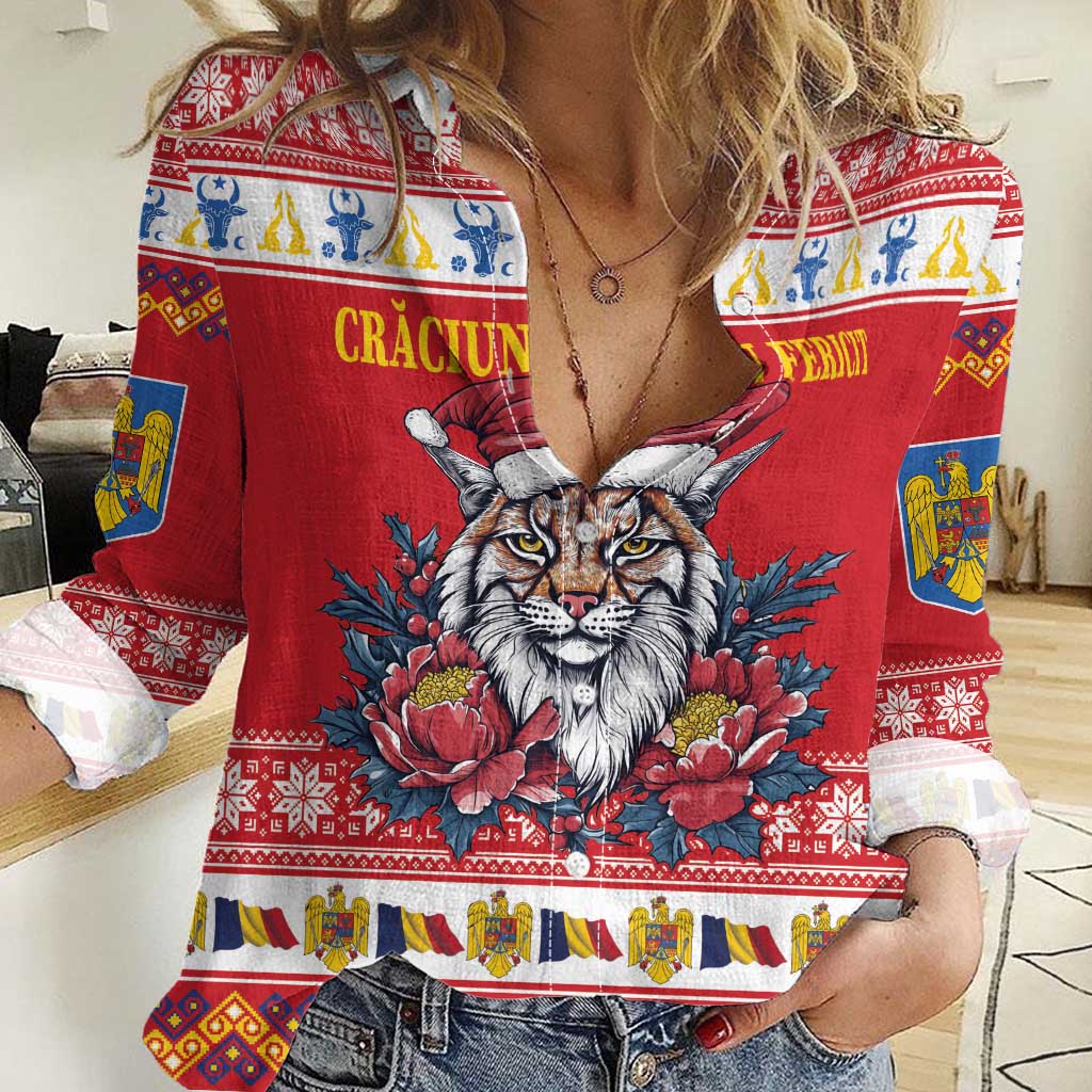 Personalized Romania Christmas Women Casual Shirt Eurasian Lynx With Peony Flowers - Wonder Print Shop