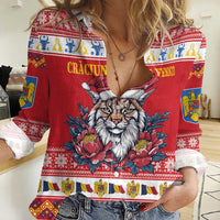 Personalized Romania Christmas Women Casual Shirt Eurasian Lynx With Peony Flowers - Wonder Print Shop
