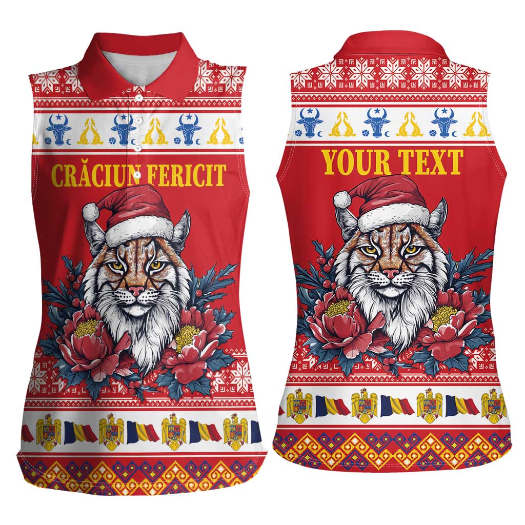 Personalized Romania Christmas Women Sleeveless Polo Shirt Eurasian Lynx With Peony Flowers - Wonder Print Shop