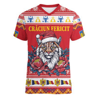 Personalized Romania Christmas Women V-Neck T-Shirt Eurasian Lynx With Peony Flowers - Wonder Print Shop