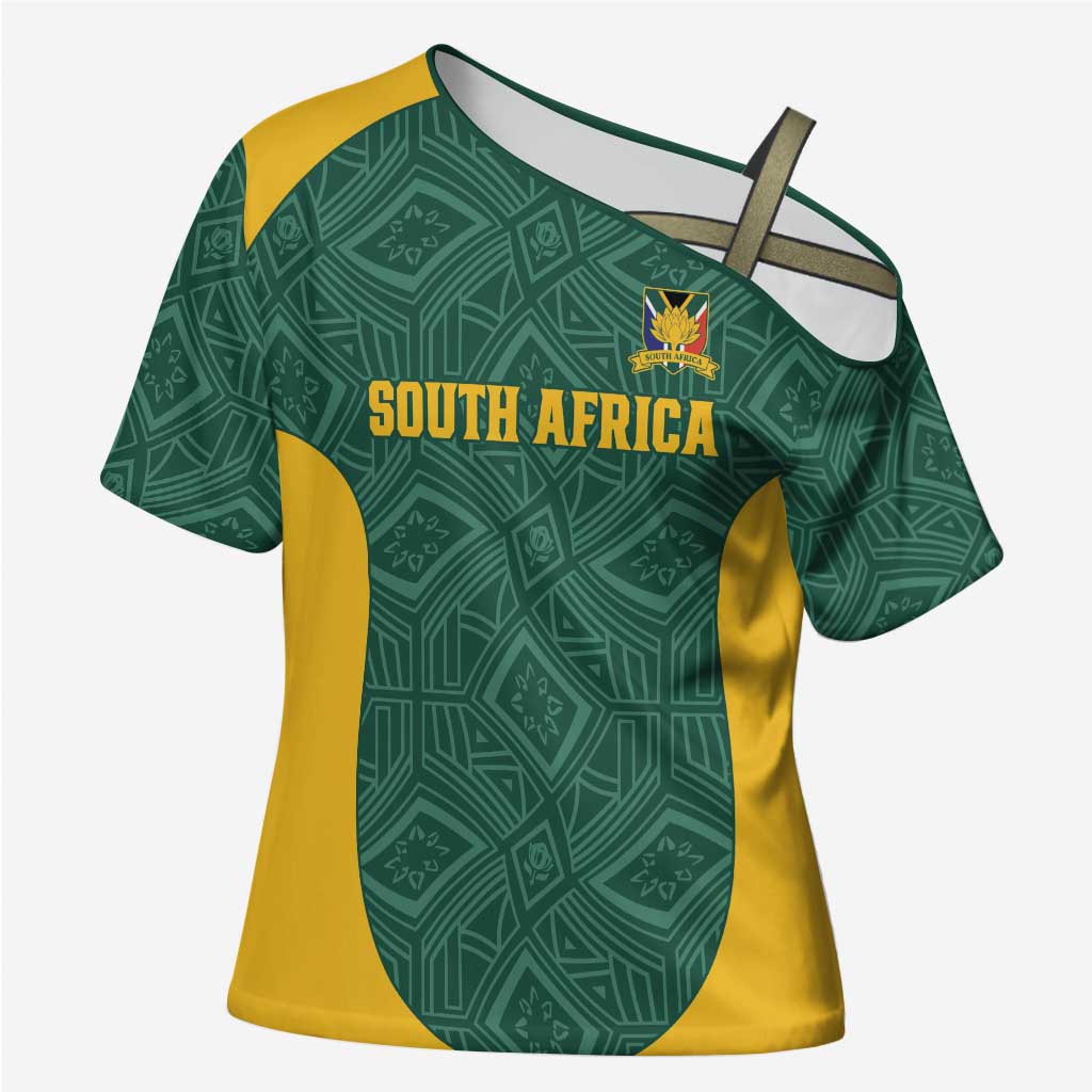 Custom South Africa Soccer Cross Shoulder Shirt Bafana Bafana Spirit African Pattern - Wonder Print Shop