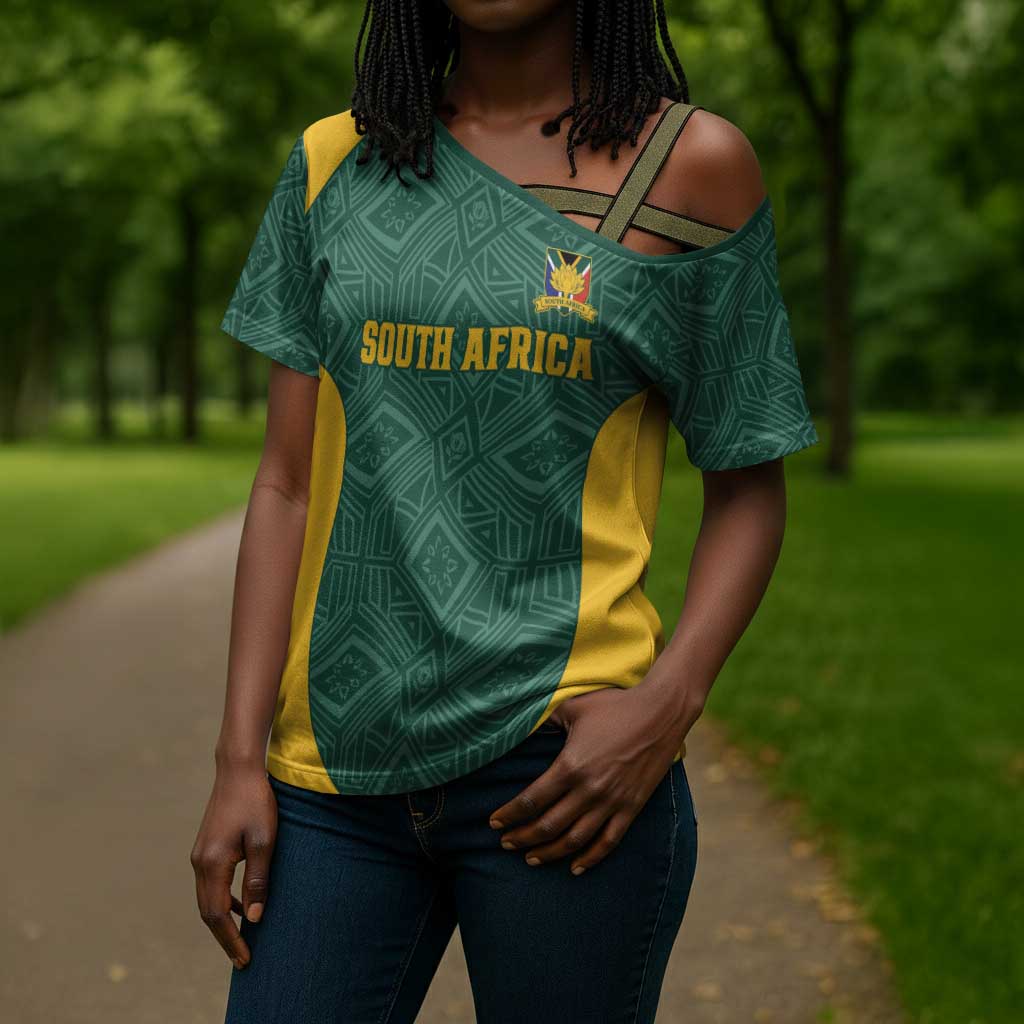 Custom South Africa Soccer Cross Shoulder Shirt Bafana Bafana Spirit African Pattern - Wonder Print Shop