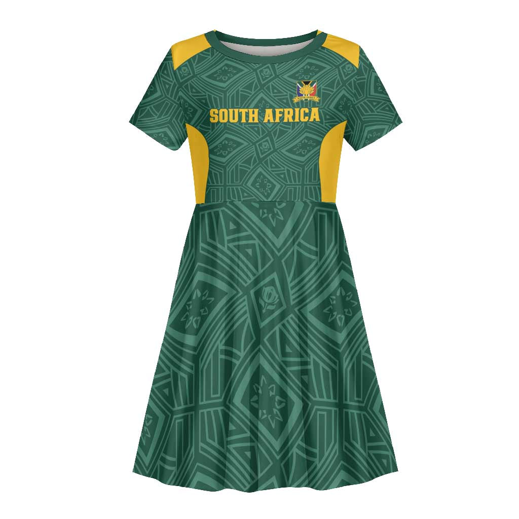 Custom South Africa Soccer Kid Short Sleeve Dress Bafana Bafana Spirit African Pattern - Wonder Print Shop