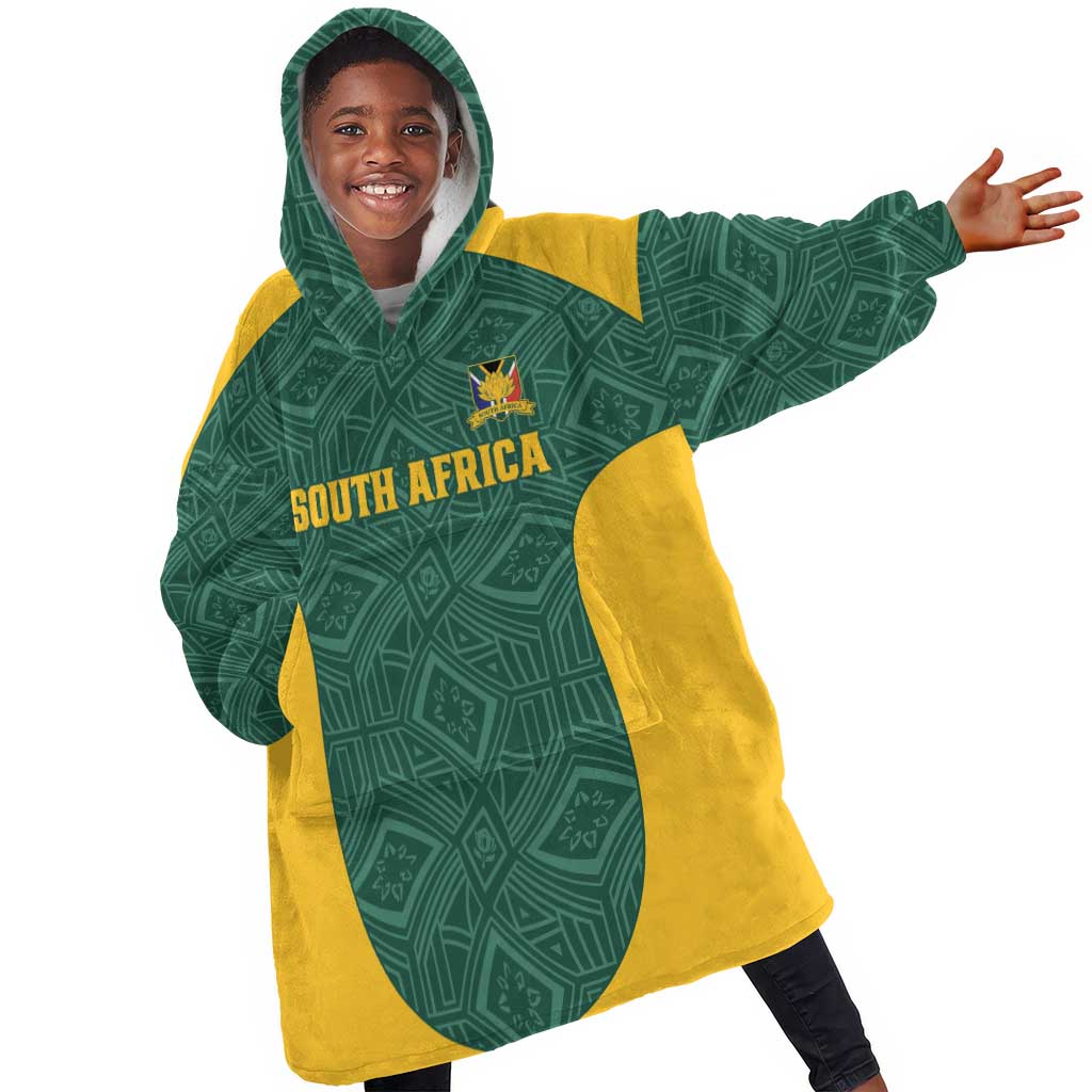 Custom South Africa Soccer Kid Wearable Blanket Hoodie Bafana Bafana Spirit African Pattern - Wonder Print Shop