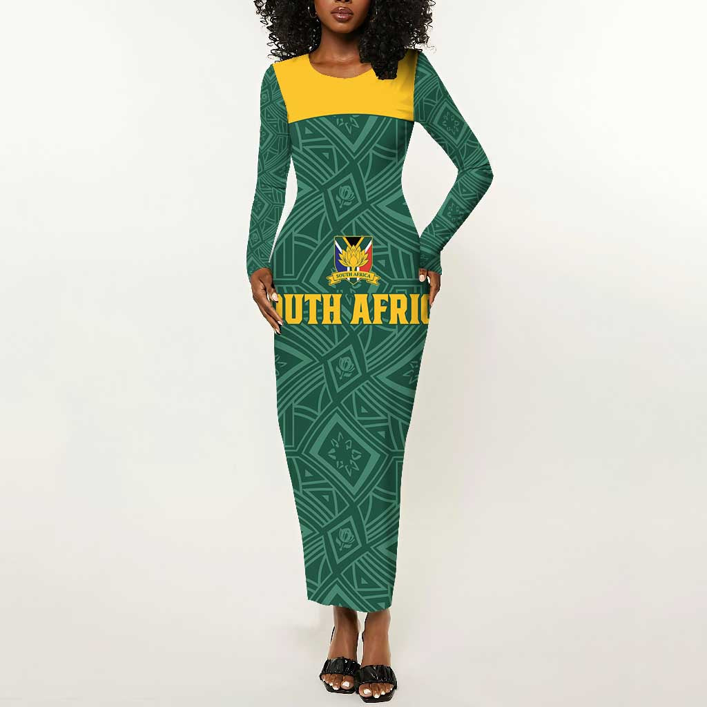 Custom South Africa Soccer Long Sleeve Bodycon Dress Bafana Bafana Spirit African Pattern - Wonder Print Shop