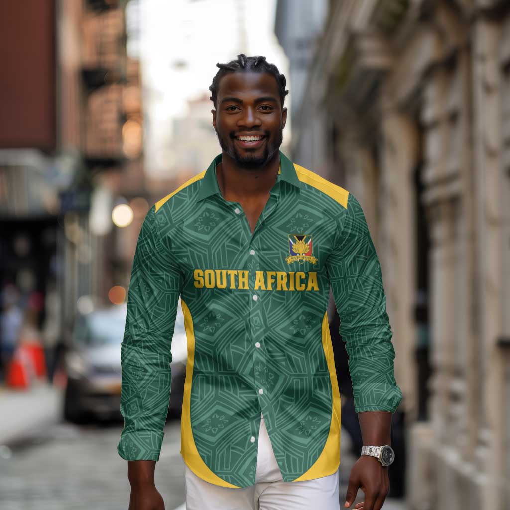 Custom South Africa Soccer Long Sleeve Button Shirt Bafana Bafana Spirit African Pattern - Wonder Print Shop