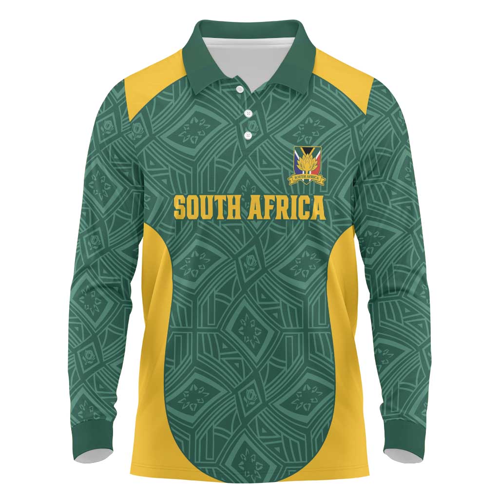 Custom South Africa Soccer Long Sleeve Polo Shirt Bafana Bafana Spirit African Pattern - Wonder Print Shop