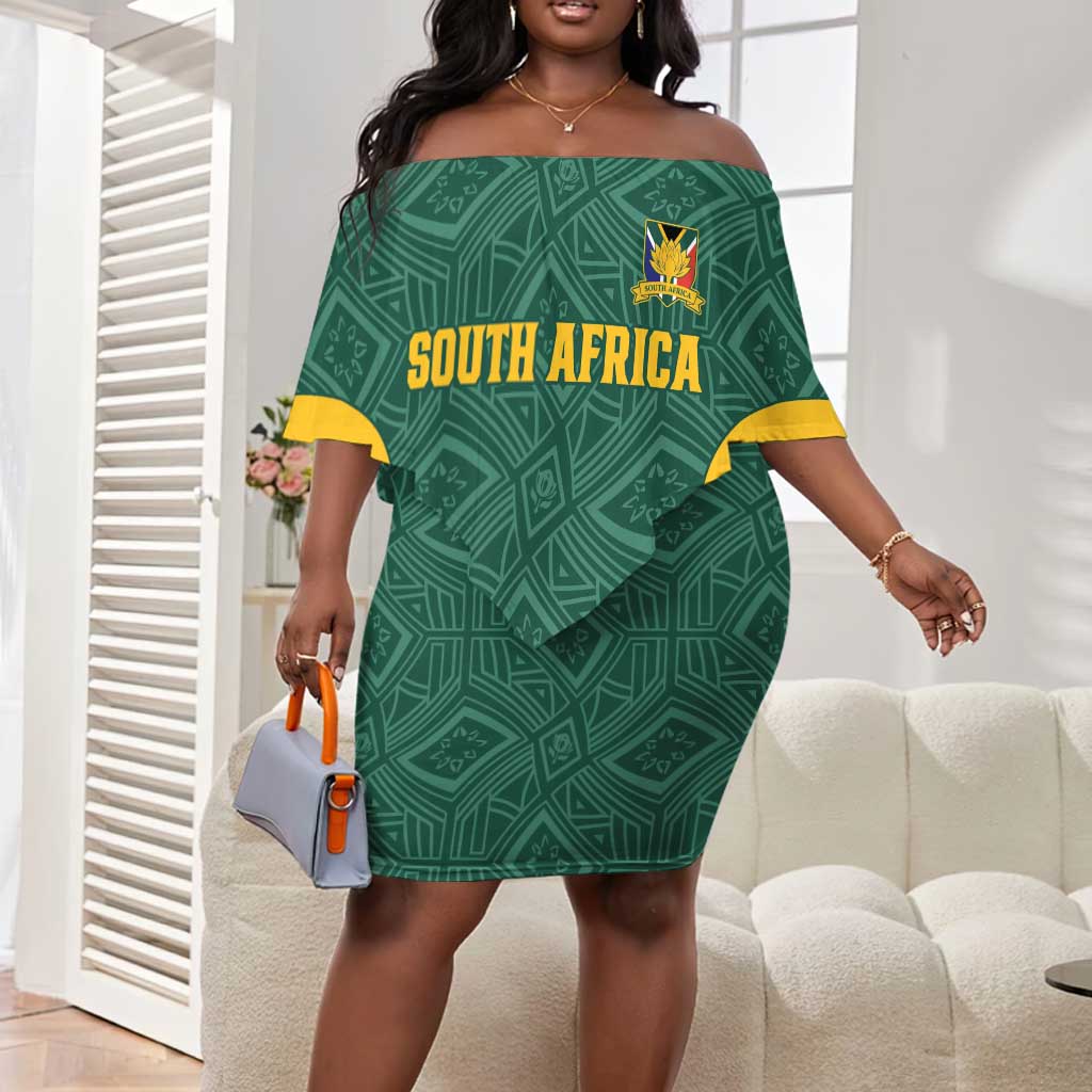 Custom South Africa Soccer Off Shoulder Short Dress Bafana Bafana Spirit African Pattern - Wonder Print Shop