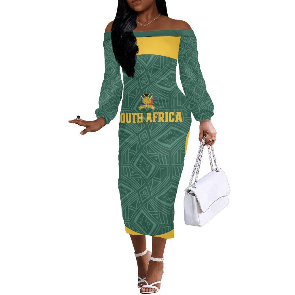 Custom South Africa Soccer Off The Shoulder Long Sleeve Dress Bafana Bafana Spirit African Pattern - Wonder Print Shop